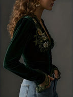 Nora | Long-Sleeve Velvet Blouse with Embroidered Flowers